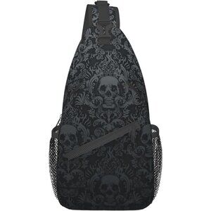 Skull Sling Bag,Victorian Gothic Sling Backpack Black Crossbody Bag Men Casual